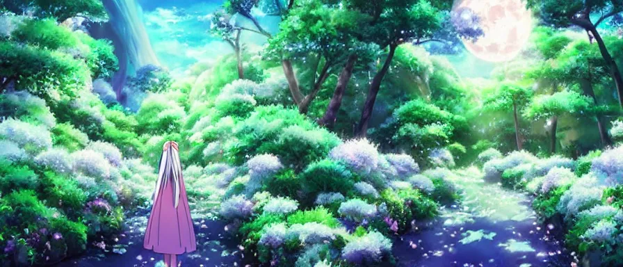 Prompt: illyasviel walking through enchanted ghibli clover Forest • Bright Big Moon at Blue Night • Trees with white flowers • bioluminescent blue FLOWERS • strong blue rimlit • visual-key • anime illustration • highly detailed High resolution • Light Novel • Visual Novel • In the style of Kimi-No-Wa • brilliant vibrant saturated dark colors • Digital-watercolor