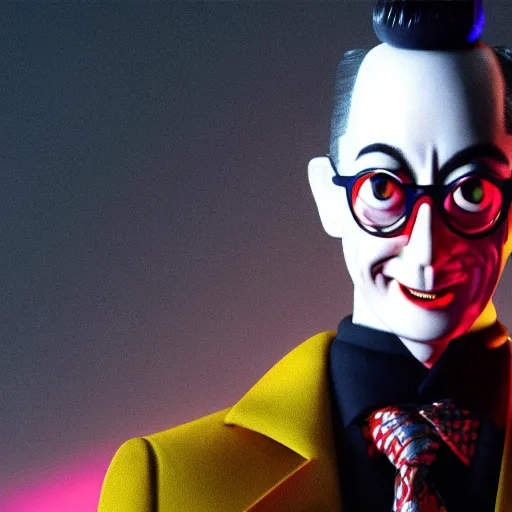 Image similar to a 3 d render of peewee herman on max headroom, octane render, unreal engine, hyperrealism, 8 k, trending on artstation, ultra detailed, volumetric lighting, dramatic lighting, lasers, neon