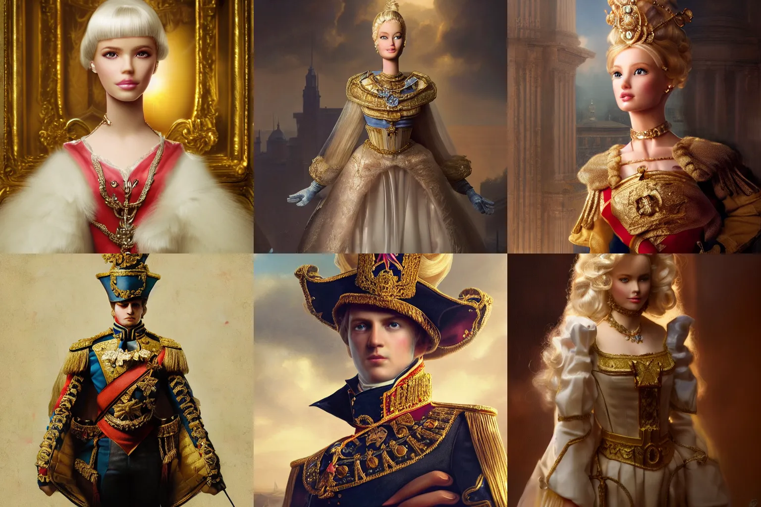 Prompt: Portrait of Barbie doll as Emperor Napoleon, stunning screensaver, screensaver, head slightly tilted, natural light, elegant, intricate, fantasy, atmospheric lighting, cinematic, matte painting, Greg Rutkowski