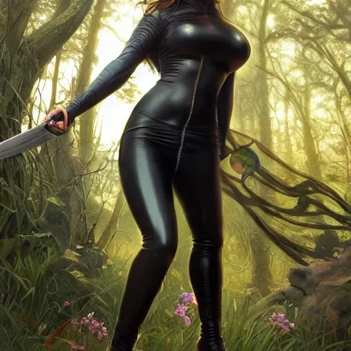 Image similar to full body portrait of a female wearing a skintight leather jacket holding a sword in a forest, large thighs, perfect face, beautiful! coherent!, intricate, elegant, highly detailed, digital painting, artstation, smooth, sharp focus, illustration, art by artgerm and greg rutkowski and alphonse mucha, 8 k