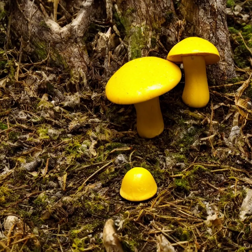 Image similar to a little yellow mushroom in a moody dreamy forest