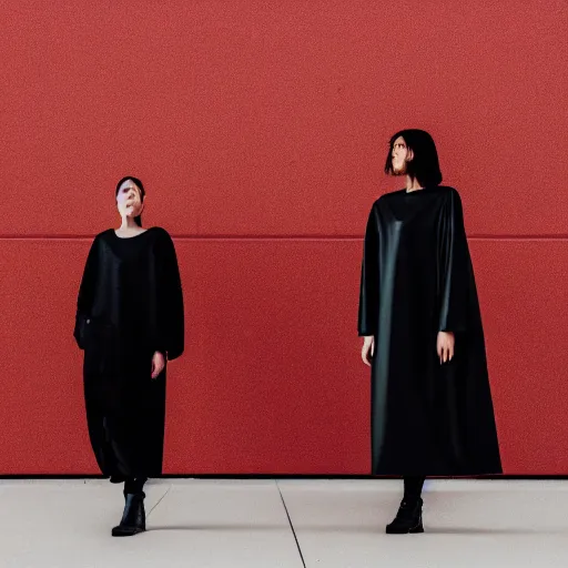 Image similar to photographic portrait of 2 clones in front of a brutalist metal building, 2 techwear women, on a desolate plain, red sky, black oversized clothes, sigma 8 5 mm f / 1. 4, 4 k, depth of field, high resolution, 4 k, 8 k, hd, full color