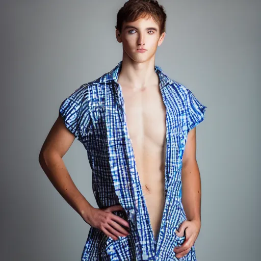 Image similar to A very pretty young male model posing in a summer dress. Studio lighting