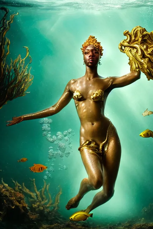 Prompt: hyperrealistic post - rococo cinematic half underwater scene with fish and algae, very expressive! translucent elegant african goddess getting out of water, gold jewerly, highly detailed face, digital art masterpiece, aykut aydogdu zener, dramatic volumetric light, long shot, low angle uhd 8 k, sharp focus