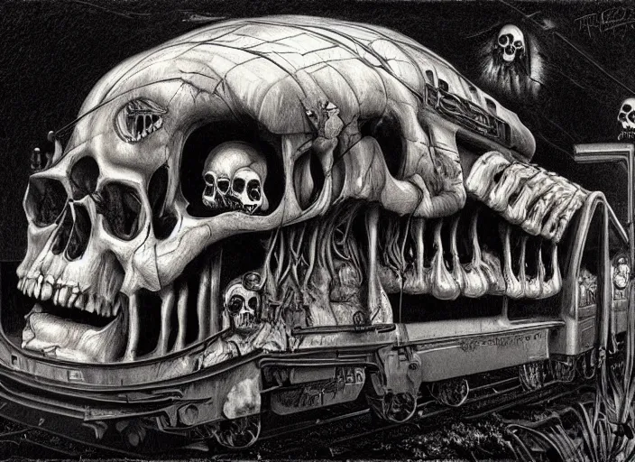 Image similar to the Laughing Skull train by H.R. Giger