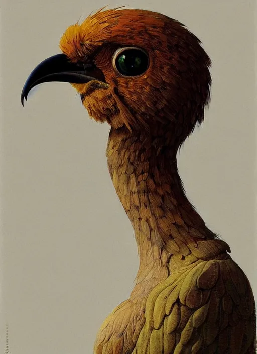 Prompt: rpg! profile! portrait of humanoid bird on white background, beak, feathers, intricate, highly detailed, digital painting, artstation, concept art, smooth, sharp focus, illustration, art by norman rockwell emiliano ponzi andrey remnev yoann lossel john currin aaron jasinski ivan albright, 8 k