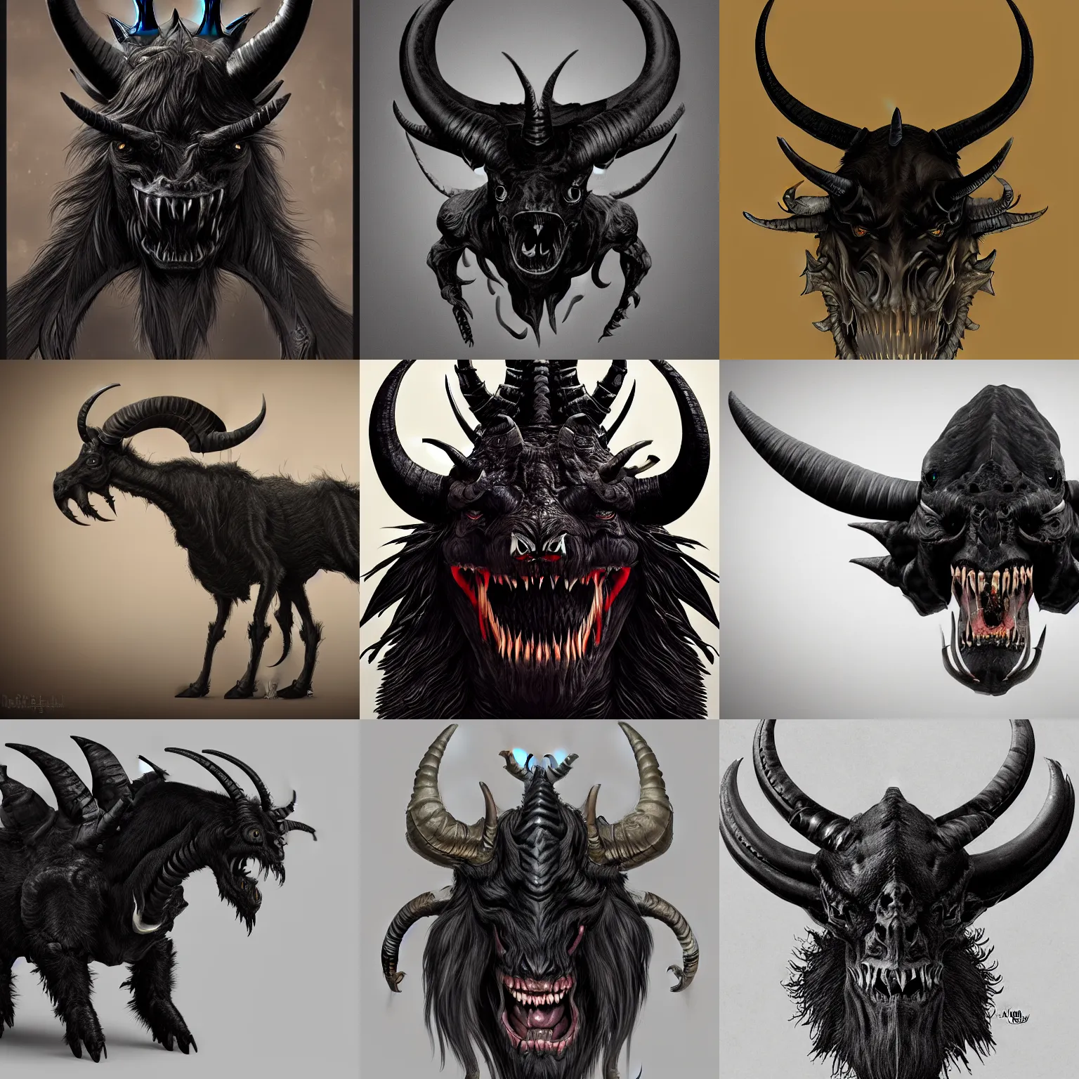 Prompt: a demonic creature that resembles a large, black, horned goat with an elongated skull and many sharp teeth by keita okada, trending on artstation.