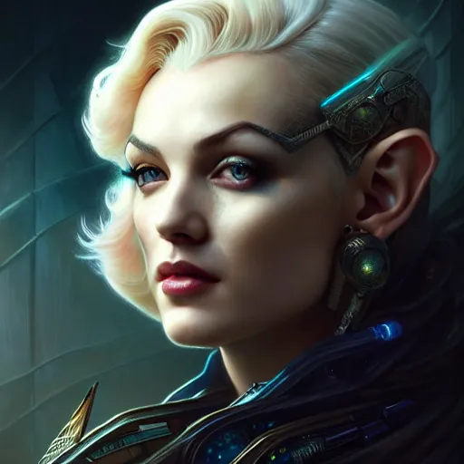 Prompt: portrait painting of a cyberpunk elven decker who looks like marilyn monroe, ultra realistic, concept art, intricate details, eerie, highly detailed, photorealistic, octane render, 8 k, unreal engine. art by artgerm and greg rutkowski and charlie bowater and magali villeneuve and alphonse mucha