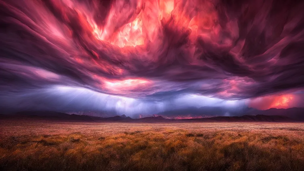 Image similar to amazing landscape photo of nuclear wintre by marc adamus, beautiful dramatic lighting