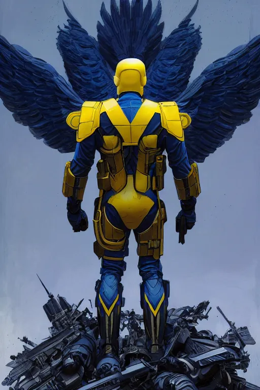 Prompt: A view from behind of a super soldier with a Ukrainian blue and yellow uniform with angel wings that is standing on a pile of skulls in triumph, Call of Duty, marvel comics, dark, rays of light, intricate, highly detailed, smooth, artstation, digital illustration by Ruan Jia and Mandy Jurgens and Artgerm and Wayne Barlowe and Greg Rutkowski and Frank Frazetta