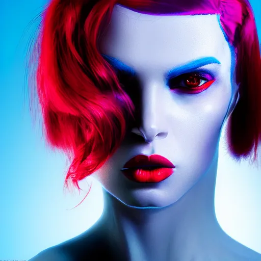 Prompt: Model-looking woman in color, cyberpunk era 2077, red hair, coral lips blue shadow, Edward Hopper style
