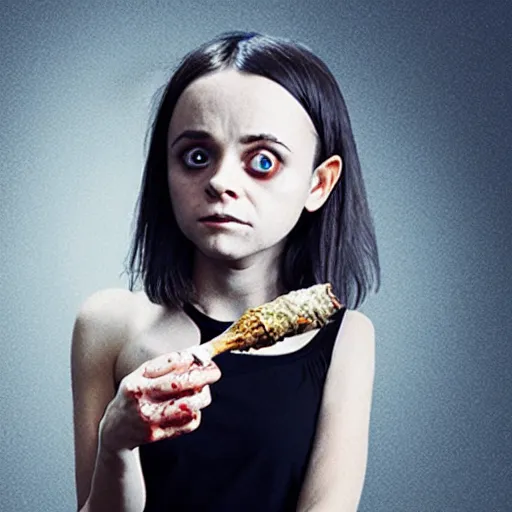 Image similar to young zombie christina ricci eating a clove of garlic, art by beeple