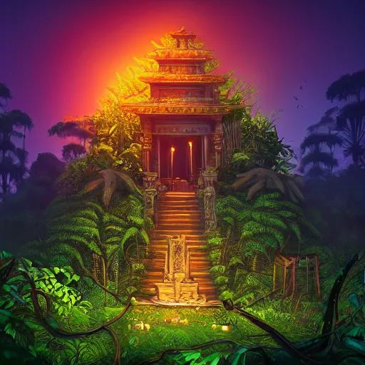 Prompt: a jungle temple surrounded by fireflies and vines, professional photo, professional lighting, instagram photo, trending on artstation, hdr