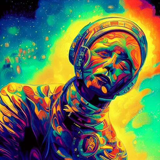 Image similar to An extremely psychedelic experience, colorful, surreal, dramatic lighting, cosmonaut, LSD, face, detailed, intricate, elegant, highly detailed, digital painting, artstation, concept art, smooth, sharp focus, illustration, art by Sam Spratt, Dan Mumford, Artem Demura and Alphonse Mucha