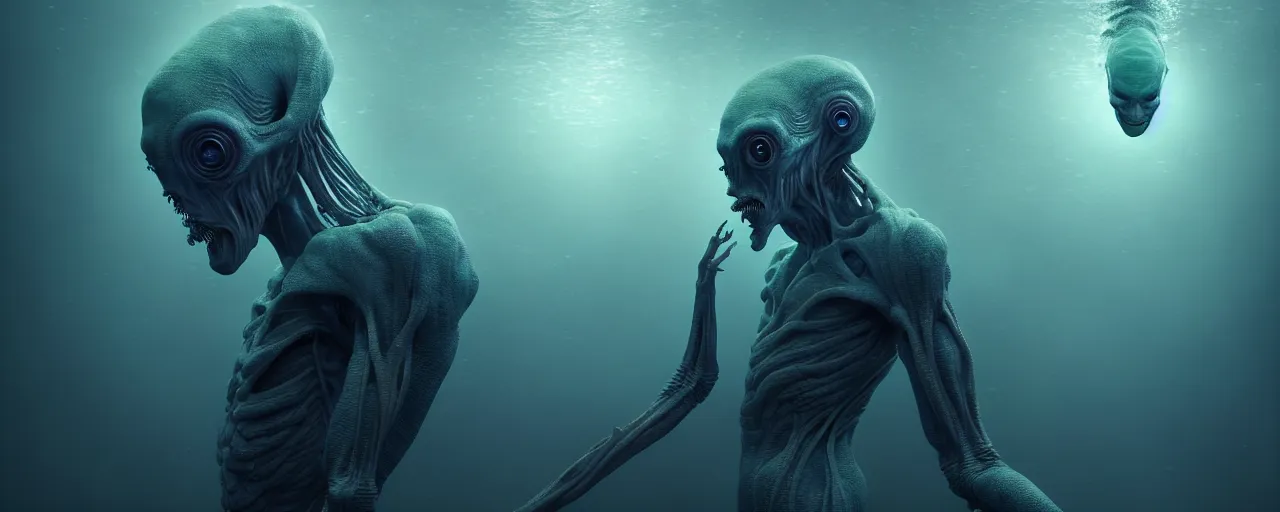 Image similar to ultra realistic horror photo of a dimly lit male alien creature underwater, very intricate details, focus, full frame image, model pose, artwork by tooth wu and wlop and beeple and greg rutkowski, award winning