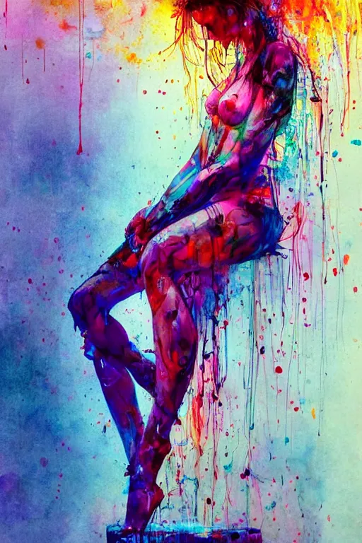 Image similar to adriana lima by agnes cecile enki bilal moebius, intricated details, sitting on a stool, full body portrait, extremely luminous bright design, pastel colours, drips, autumn lights