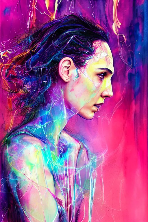 Image similar to gal gadot by agnes cecile enki bilal moebius, intricated details, 3 / 4 back view, full body portrait, extremely luminous bright design, pastel colours, drips, autumn lights