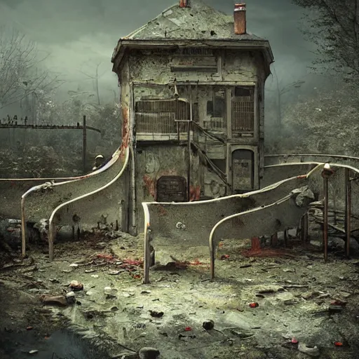 Prompt: michal karcz painting of an abandoned playground. , horror theme, detailed, elegant, intricate, 4k,