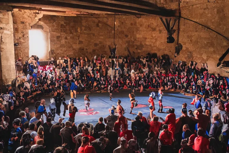 Prompt: boxing ring in medieval castle, knights and jesters gathered around, dslr photo, national geographic, live footage