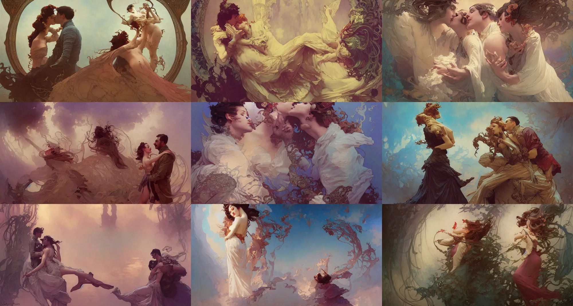 Prompt: kissing, art nouveau, fantasy, art by joseph leyendecker, peter mohrbacher, ivan aivazovsky, ruan jia, reza afshar, marc simonetti, alphonse mucha