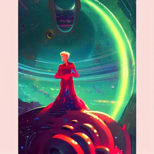 Image similar to epic illustration of Scarlett Johansson as a beautiful space wizard by Paul Lehr, detailed, space opera, screen print,