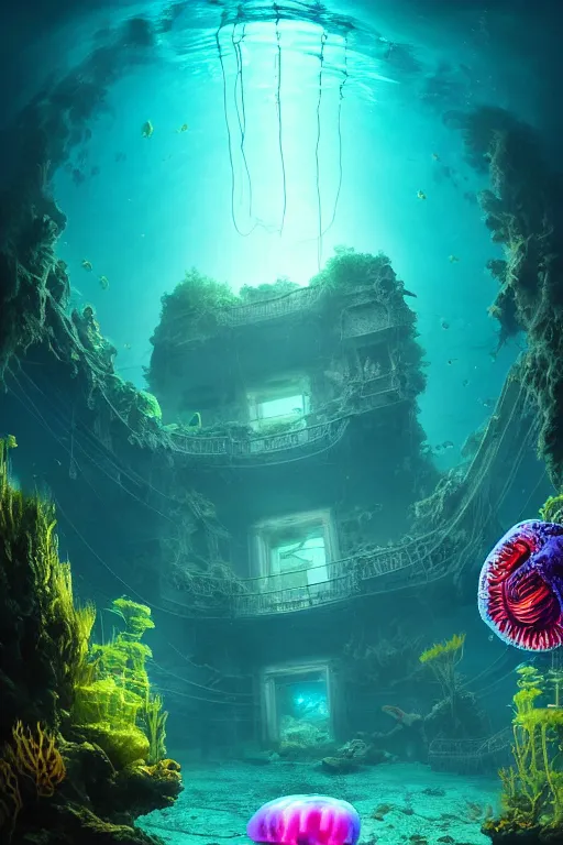 Prompt: high quality photo of cinematic underwater dystopian cyber - rococo city ruins with giant bioluminescent colorful mutant plants and cyborg jellyfish, digital art masterpiece, aykut aydogdu eric zener, dramatic volumetric light, extreme long shot, ground angle uhd 8 k, sharp focus