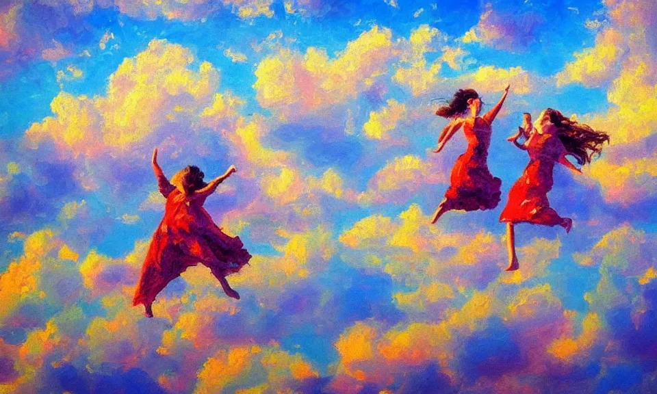 Image similar to impressionist painting of happiness and friendship, floating high in the clouds, wide shot, dynamic lighting, vivid colors, high detail, award winning