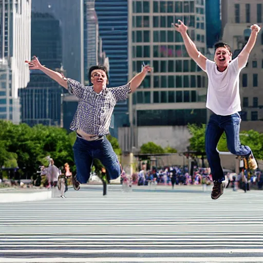 Prompt: two men jumping for joy, park in background, long shot, 1 / 1 0 0 0 sec shutter speed, action photography photojournalism from new york times
