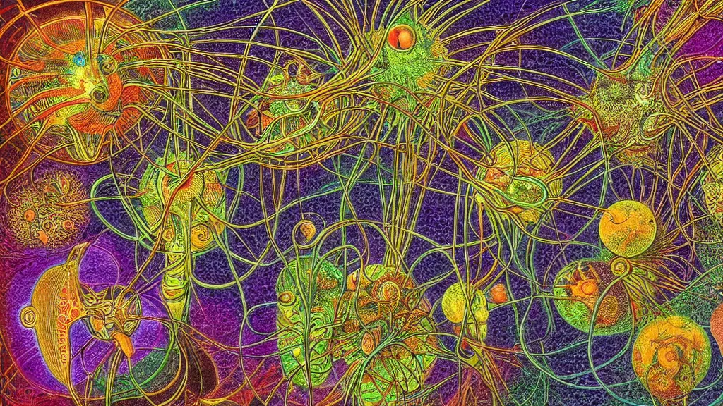 Prompt: quantum connections represented as symbiotic organisms like cells playing around with colorful lights by ernst haeckel, gas