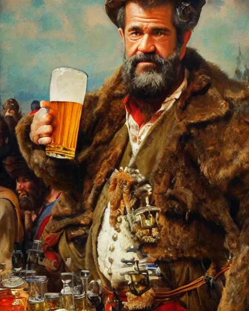 Image similar to a painting of mel gibson holding a mug of beer at the oktoberfest, a detailed painting by konstantin makovsky and by jan matejko and by nikolay makovsky, shutterstock contest winner, german romanticism, detailed painting, oil on canvas, wimmelbilder