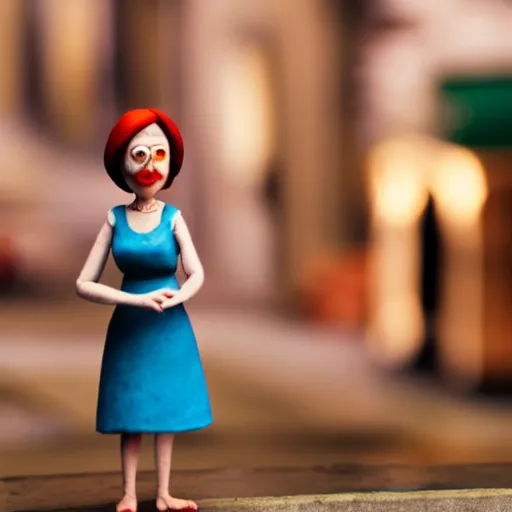 Prompt: a cinematic film still of a claymation stop motion film starring emma stone as shopkeeper, shallow depth of field, 8 0 mm, f 1. 8