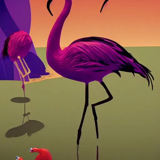 Prompt: A surreal comic noir illustration containing Dita Von Teese and Flamingos on a desert beach oasis by Salvador Dali, dark vibes, high contrast, pastel lighting, cinematic, depth of field, 8k