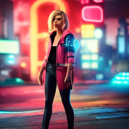 Image similar to Annie Leonhart in a neon city, octane render 8k, atmospheric render