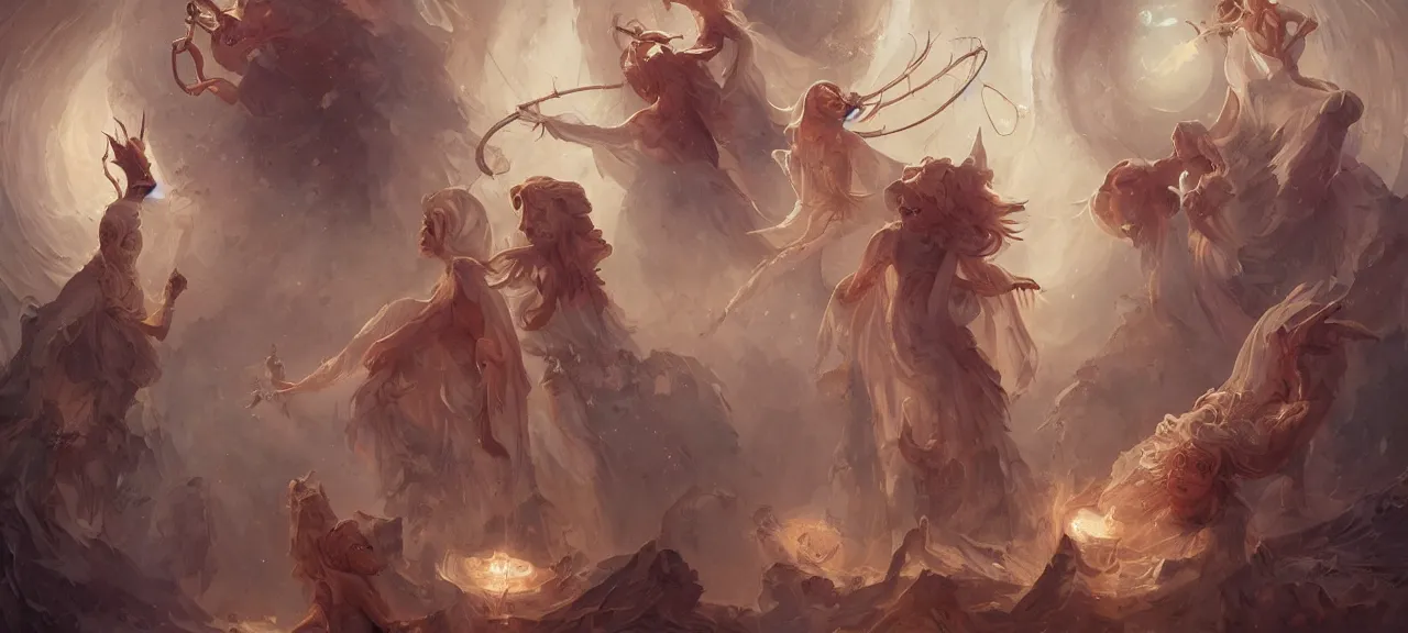 Image similar to angelical time keepers in sacred clothes performing a ritual of planetary sacrifice, tarot, detailed, realistic, digital art, trending on artstation by peter mohrbacher and greg rutkowski