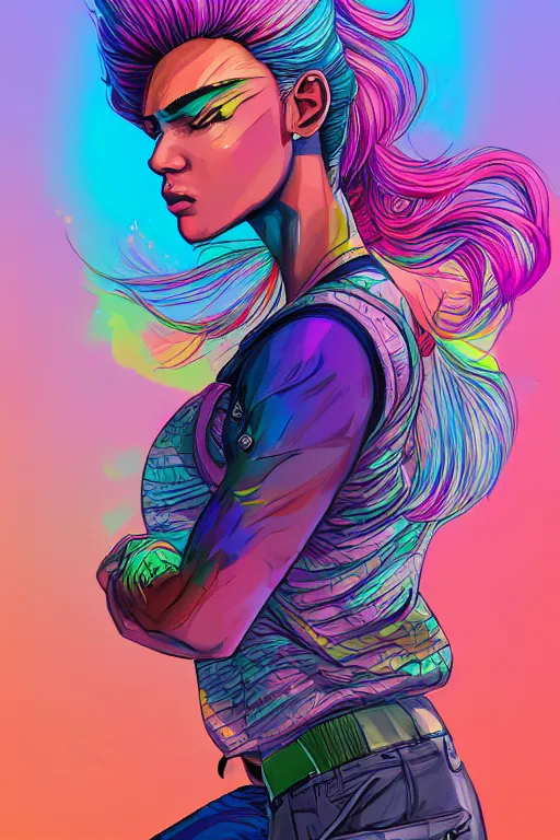 Image similar to a award winning half body portrait of a beautiful woman with stunning eyes in a printed croptop and cargo pants with rainbow colored ombre hairstyle head in motion and hair flying by josan gonzales, outrun, vaporware, shaded flat illustration, digital art, trending on artstation, highly detailed, fine detail, intricate