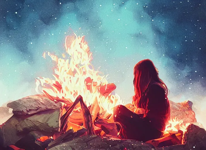 Prompt: woman sitting next to a campfire, cozy, night sky, digital art, highly detailed face, portrait, by conrad roset, by wlop, anime style, octane render