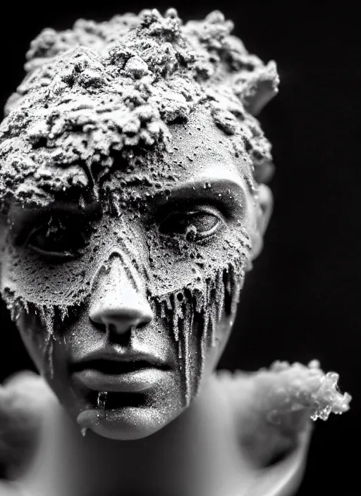 Prompt: a young female cyborg bust made of ice and smoke and wet mud, dramatic, ilford hp 5, closeup - view, f / 2. 8, high contrast, 1 6 k, fluorescent lamp, contre - jour, insanely detailed and intricate, hypermaximalist, elegant, ornate, hyper realistic, super detailed