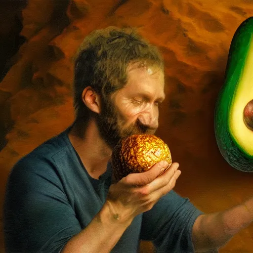 Image similar to man in a cave eating an avocado, ultrarealistic, photorealism, golden ratio, art canvas, award winning, masterpiece, trending on artstation 8 k 1 5 0 mpx