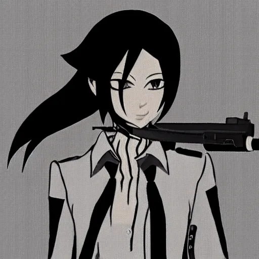 Image similar to mukuro ikusaba from danganronpa holding a gun, clean lines