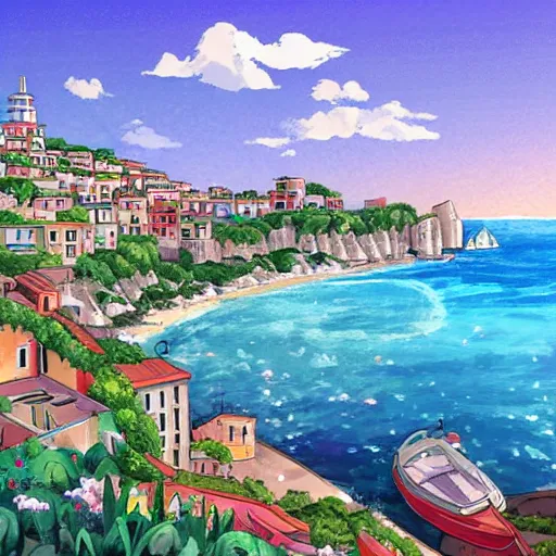 Prompt: artwork of a coastal city in Italy in the style of Studio Ghibli