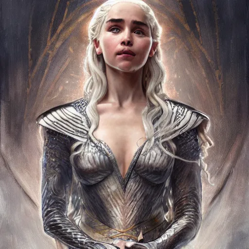 Prompt: A painting of Daenerys Targaryen wearing a intricate silver armor and holding Excalibur ,by by Stanley Artgerm Lau, Greg Rutkowski, Thomas Kinade ,Alphonse Mucha, Loish, Norman Rockwell ,trending on artstation , rule of thirds ,HD 4k , focus face , body