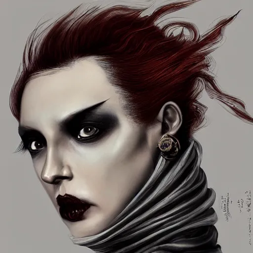 Image similar to portrait of a Shibari rope wrapped face and neck, black painted upper half of the face, headshot, insanely nice professional hair style, dramatic hair color, digital painting, of a old 15th century, old cyborg merchant, amber jewels, baroque, ornate clothing, scifi, realistic, hyperdetailed, chiaroscuro, concept art, art by Franz Hals and Jon Foster and Ayami Kojima and Amano and Karol Bak,