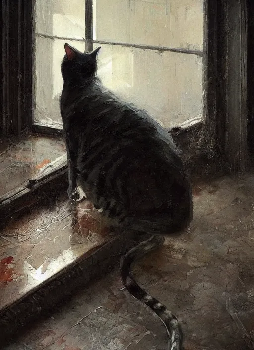 Image similar to a portrait of a cat inside a modern apartment, intricate oil painting, hyperdetailed, ethereal, cinematic, dramatic lighting, by jeremy mann and julius adam ii