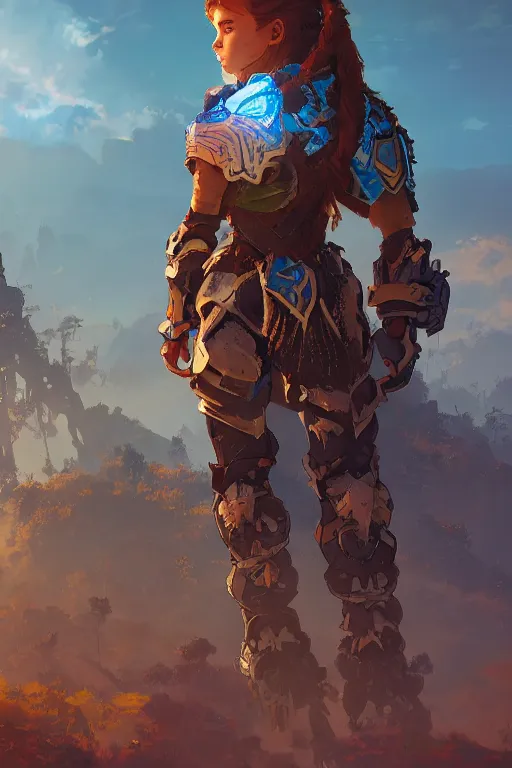 Image similar to combination suit armor aloy horizon forbidden west horizon zero dawn radiating a glowing aura global illumination ray tracing hdr fanart arstation by ian pesty and alena aenami artworks in 4 k tribal robot ninja mask helmet backpack