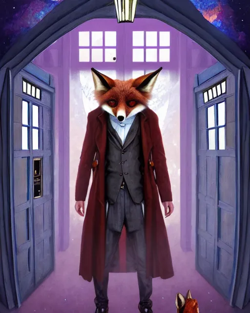 Image similar to anthropomorphic art of a detective fox inside tardis, victorian inspired clothing by artgerm, victo ngai, ryohei hase, artstation. fractal papersand books. highly detailed digital painting, smooth, global illumination, fantasy art by greg rutkowsky, karl spitzweg, doctor who