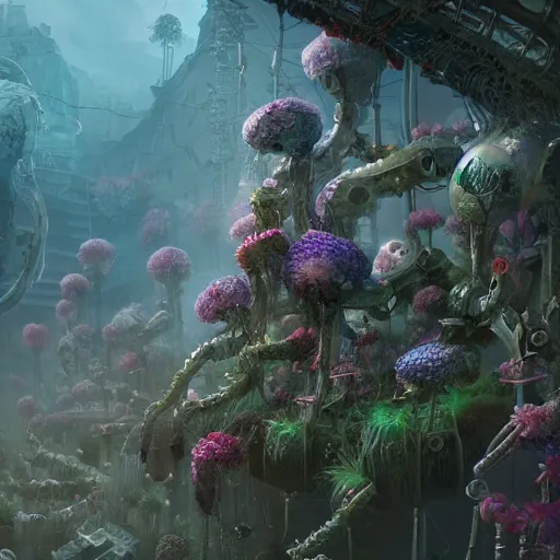 Image similar to intricate bio - mechanical flowers intertwined with human bio - mechanical organs, intricate environment, matte painting, cinematic, epic composition, highly detailed, atmospheric, wide angle, artstation trending