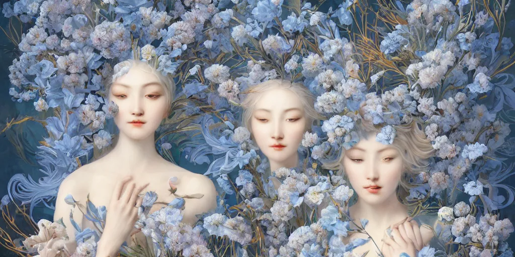 Image similar to breathtaking detailed concept art painting art deco pattern of blonde faces goddesses amalmation light - blue flowers with anxious piercing eyes and blend of flowers and birds, by hsiao - ron cheng and john james audubon, bizarre compositions, exquisite detail, extremely moody lighting, 8 k