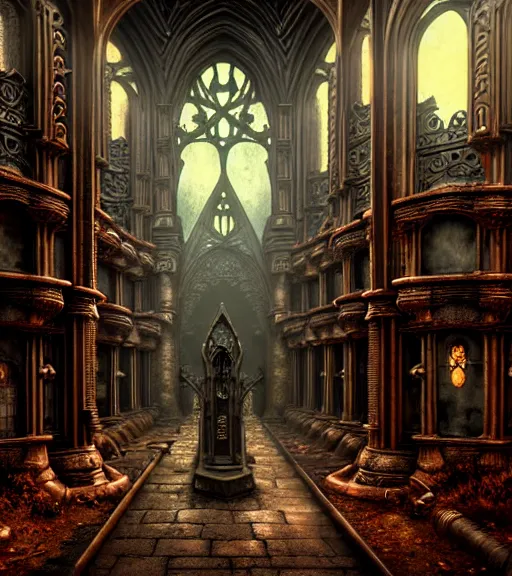 Image similar to steam necropolis, memento mori, gothic, neo - gothic, art nouveau, hyperdetailed copper patina medieval icon, stefan morrell, philippe druillet, ralph mcquarrie, concept art, steampunk, unreal engine, detailed intricate environment, octane render, moody atmospherics, volumetric lighting, ultrasharp, ominous, otherworldly