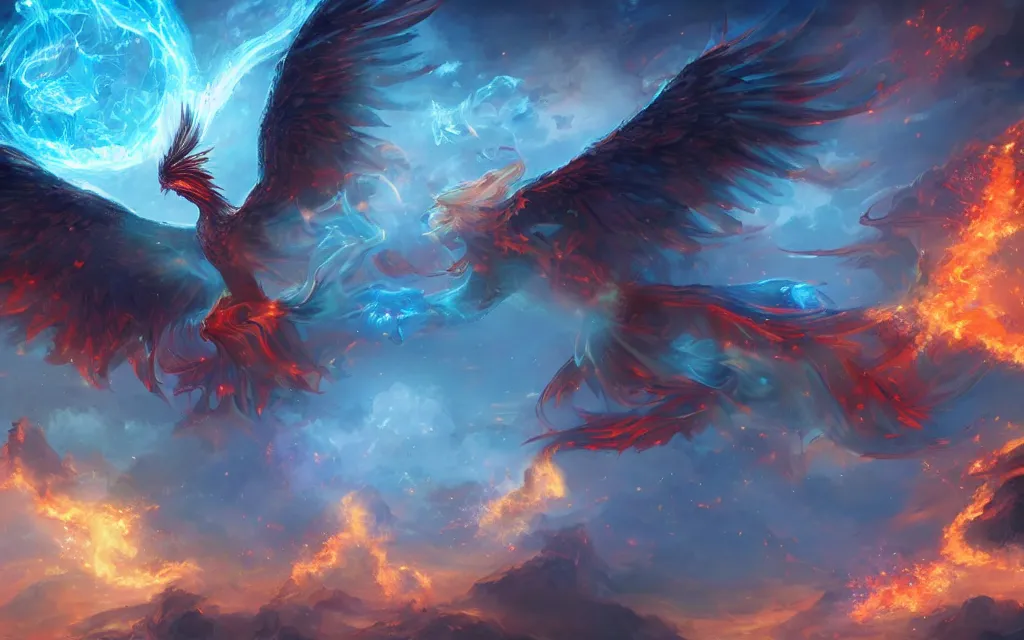 Image similar to epic magic, a phoenix in the air, mystical energy in the air, d & d fantasy digital painting, hd, 4 k, 8 k