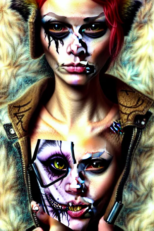 Prompt: punk rock girls making selfie and smoking with cats in jungle , mad max jacket, post apocalyptic, renaissance, highly detailed, digital painting, oil painting by Leonardo Da Vinci, hyper realistic style, fantasy by Olga Fedorova